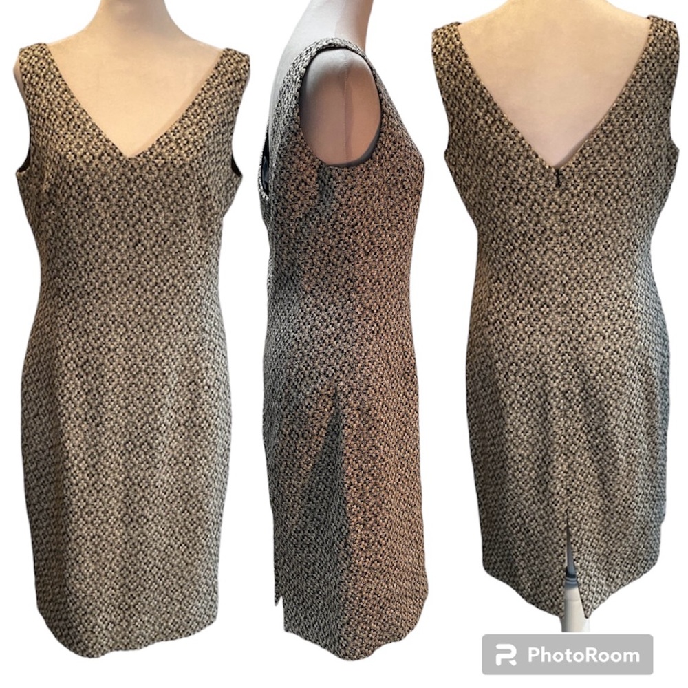 Eccoci Black, Tan & White Tweed Midi Sleeveless V-Neck Dress with Back Slit 6